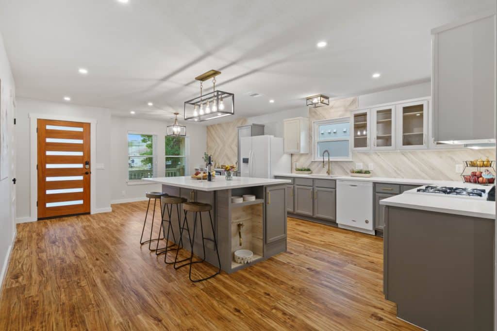 another view kitchen island with hanging fixture