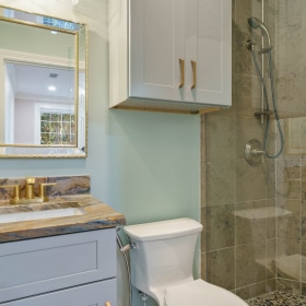bathroom toilet with shower beside remodeled