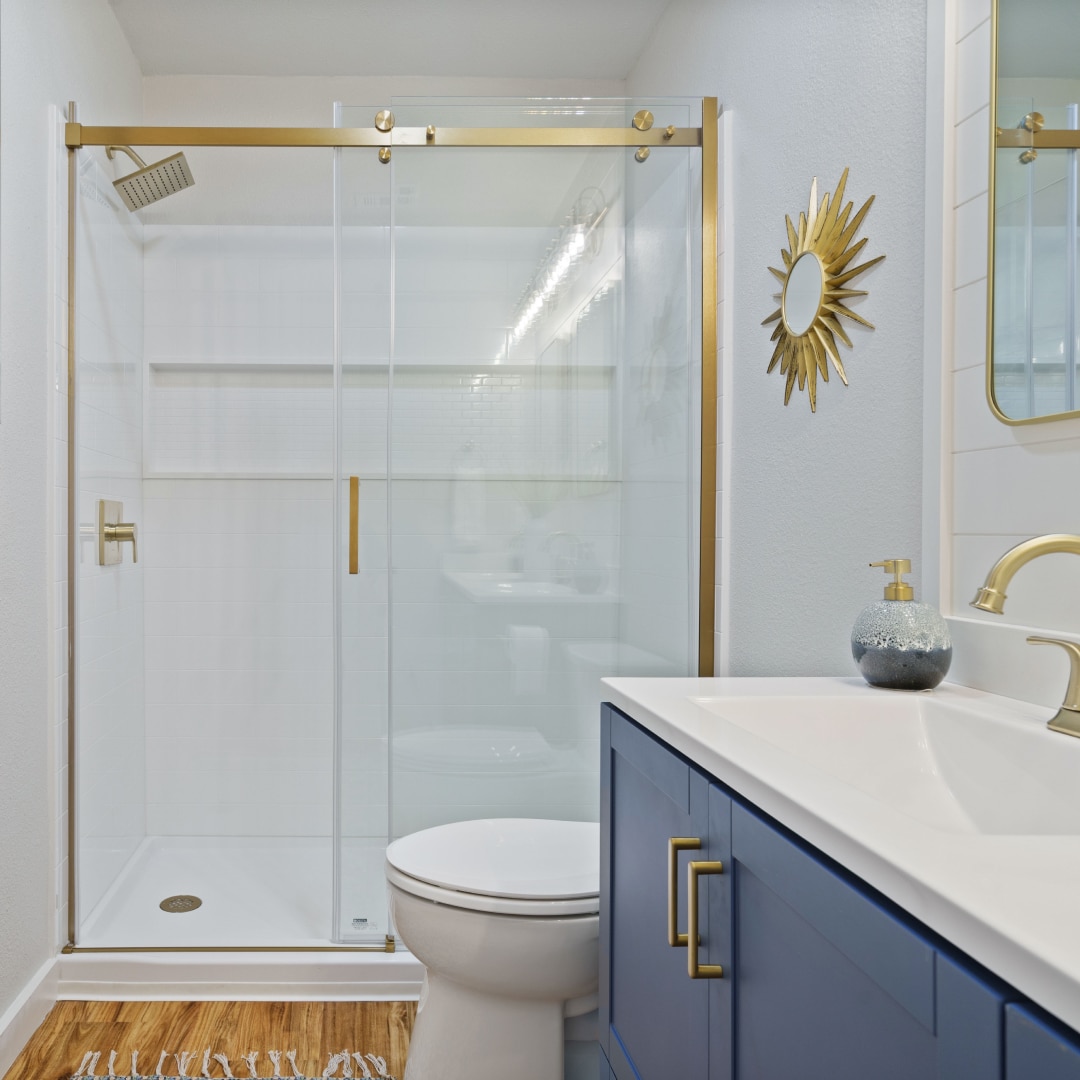 shower view angle with toilet and countertop bathroom remodeled